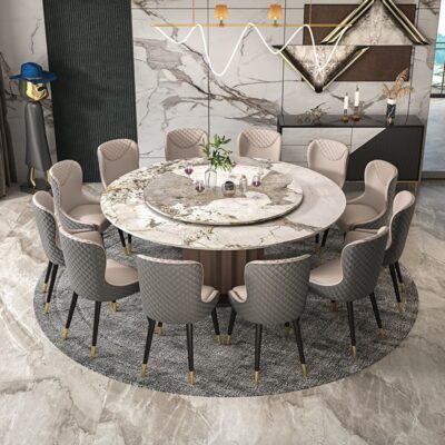 Bàn ăn đá cẩm thạch bàn tròn có bàn xoay căn hộ lớn bàn ăn tròn biệt thự 10 người Bàn ăn tròn 12 đèn bàn tròn lớn sang trọng