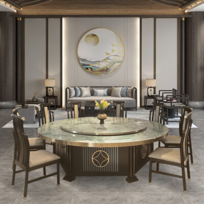 Bàn ăn khách sạn Qiao Jiaren bàn tròn lớn xoay tự động đá Trung Quốc mới 15 người 20 người khách sạn bàn tròn Lẩu tự động