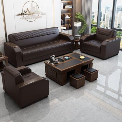 Ghế sofa văn phòng hoàn toàn bằng gỗ nguyên khối theo phong cách Trung Quốc mới, bàn cà phê đơn giản hiện đại, kết hợp quầy lễ tân kinh doanh, ghế sofa Qiadan ba chỗ ngồi