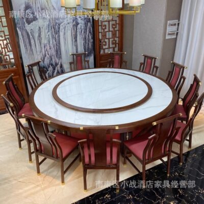 Khách sạn kiểu Trung Quốc mới bàn tròn lớn bàn ăn đá phiến và ghế kết hợp 20 người hộp câu lạc bộ bàn xoay tự động bàn ăn gỗ nguyên khối
