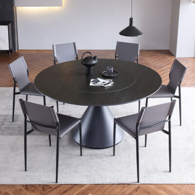 Bàn ăn bằng đá phiến bàn xoay tích hợp thiết kế xoay nhà biệt thự Ý tối giản căn hộ nhỏ bàn ăn tròn màu đen