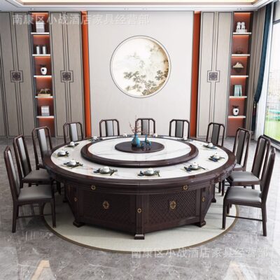 Bàn ăn khách sạn bàn tròn lớn 15 người hộp tiệc bàn ăn xoay tự động đá phiến kiểu Trung Quốc mới Bàn ăn đá cẩm thạch hiện đại đơn giản
