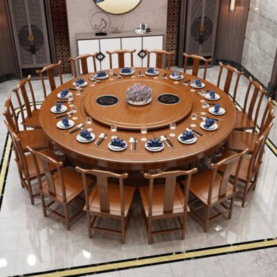Bàn ăn khách sạn xoay tự động bàn tròn lớn 18 người Nhà hàng tiệc khách sạn xoay tự động Bàn lẩu gỗ nguyên khối Trung Quốc 20 người