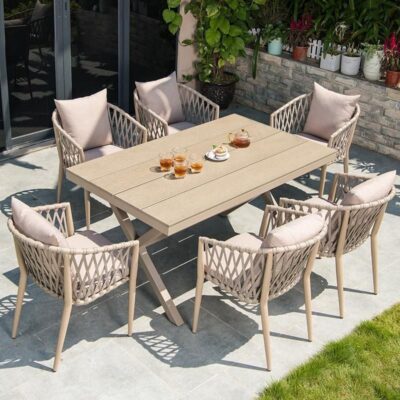 Bắc Âu Ngoài Trời Ghế Mây Ngoài Trời Bàn Ghế Sân Vườn Nhựa Gỗ Bàn Dài Biệt Thự Sân Thượng Đơn Giản Giải Trí Mây