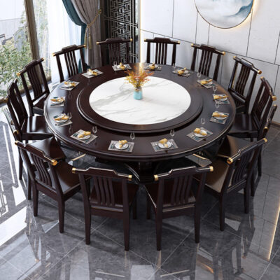 Kết hợp bàn ghế ăn gỗ nguyên khối kiểu Trung Quốc mới với bàn xoay đá phiến Bàn tròn lớn 10 người cho bàn ăn tròn tại nhà khách sạn