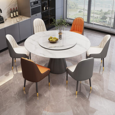Sự kết hợp giữa bàn ghế ăn bằng đá phiến sáng bóng sang trọng và hiện đại, đơn giản, hiện đại, phòng khách lớn và nhỏ, bàn tròn với bàn ăn xoay