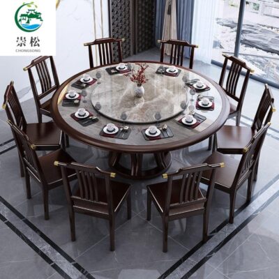 Bàn ghế tròn bằng đá phiến kiểu Trung Quốc mới kết hợp bàn ghế đơn giản kích thước gia đình Bàn ăn tròn bằng gỗ nguyên khối