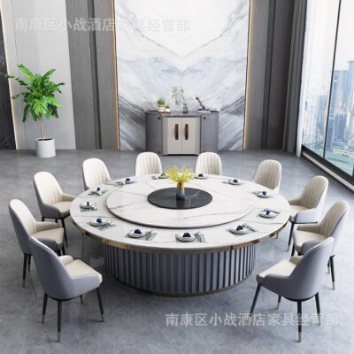 Khách sạn Bàn ăn xoay tự động đá phiến mới của Trung Quốc Bàn tròn lớn Câu lạc bộ khách sạn 15 người 20 người Bàn đá cẩm thạch sang trọng nhẹ nhàng hiện đại