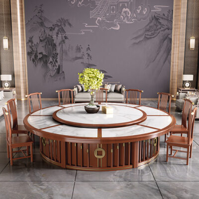 6666 bàn ăn gỗ nguyên khối khách sạn xoay tự động tròn bàn tròn lớn kiểu Trung Quốc mới tấm đá 3m bàn ghế ăn kiểu Trung Quốc câu lạc bộ