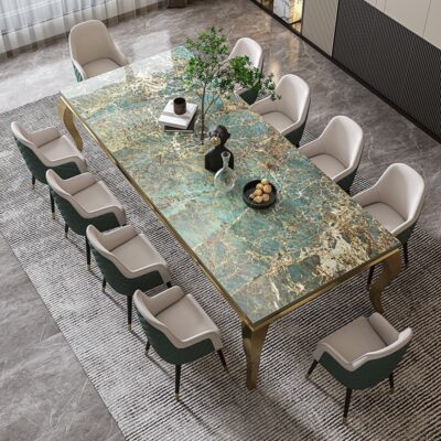 Bàn ăn nhẹ sang trọng hình chữ nhật, bàn đá phiến cỡ lớn đá sang trọng, bàn ăn gia đình 10 người, bàn ăn biệt thự kết hợp bàn ghế.