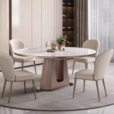 Bàn vuông và tròn đơn giản hiện đại, kết hợp bàn ghế nhẹ nhàng sang trọng, bàn tròn có thể thay đổi, bàn ăn bằng đá phiến có thể thu vào cho căn hộ chung cư nhỏ