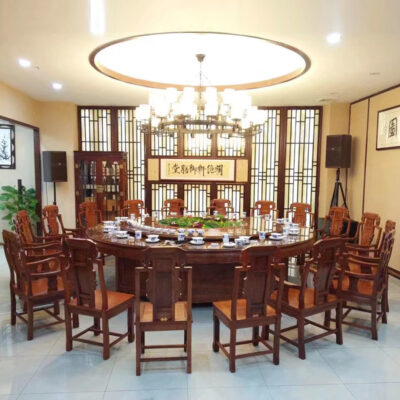 Bàn ăn gỗ gụ, bàn ăn xoay tự động gỗ cẩm lai nhím, bàn tròn lớn, câu lạc bộ khách sạn, bếp từ thương mại, bàn tròn lẩu gỗ nguyên khối