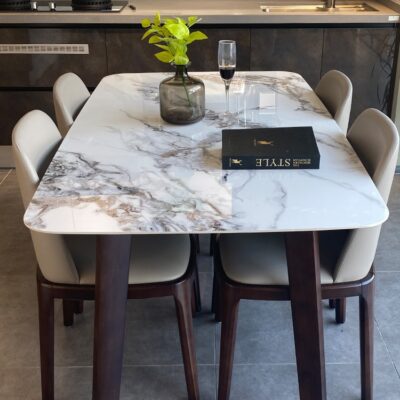 Bàn ăn đá phiến sáng kiểu Ý gỗ nguyên khối, phòng nhỏ hiện đại đơn giản, nhẹ nhàng kết hợp bàn ghế ăn sang trọng 2023, phong cách mới.