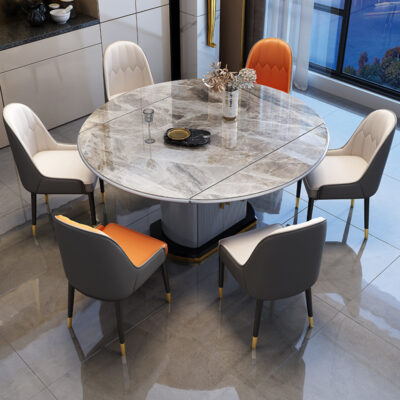 Bàn ghế ăn bằng đá phiến nhẹ sang trọng kết hợp bàn vuông và tròn với bếp từ, bàn tròn dạng ống lồng, bàn ăn gia đình đa năng