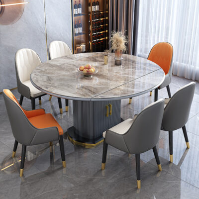 Bàn ghế ăn đá phiến kết hợp hiện đại đơn giản nhẹ nhàng sang trọng nhà căn hộ nhỏ gấp gọn bằng kính thiên văn bàn tròn biến đổi đa chức năng