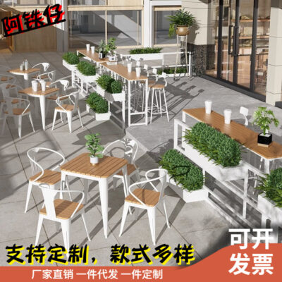 Bàn ghế gỗ nhựa ngoài trời đơn giản hiện đại chống ăn mòn quán cà phê ngoài trời ban công nhà cao chân tường quầy bar