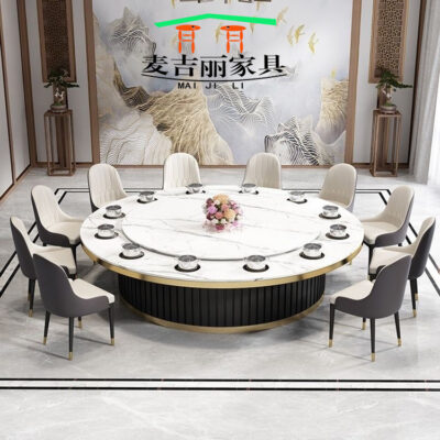Bàn ăn xoay tự động khách sạn bàn tròn lớn Bàn lẩu Trung Quốc mới Bàn xoay tự động đá phiến kết hợp bàn ghế câu lạc bộ