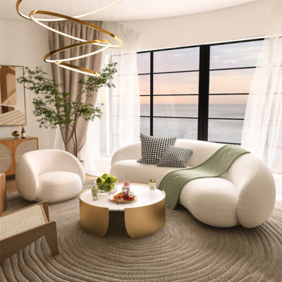 Bắc Âu Sofa vải phòng khách Đẹp hiện đại sang trọng căn hộ nhỏ Phổ biến trên Internet cừu nhung sofa bàn cà phê kết hợp cong