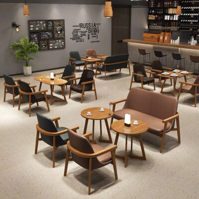 Bàn ghế cafe Bắc Âu, nhà hàng, quán tráng miệng và quán trà sữa khu vực nghỉ ngơi, đàm phán, quầy sách giải trí, bàn ghế gỗ nguyên khối kết hợp
