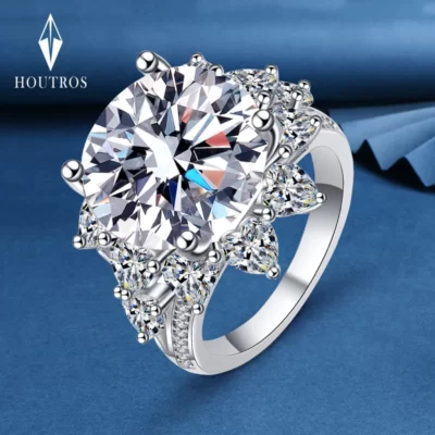10CT 14mm D Màu Moissanite Nhẫn Cho Nữ Bạc 925 AU750 Mạ Đính Hôn Cưới Cô Dâu Nhẫn Đứng Kim Cương với GRA