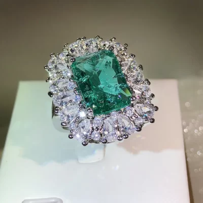 2022 Mới Tinh Tế Siêu Ngọc Lục Bảo Paraiba Nhẫn Đôi Nhẫn Cặp Nữ Vintage Full Kim Cương Cưới Đính Hôn Đảng Tặng Bộ Trang Sức