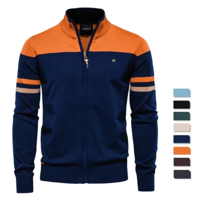 2023 Thu Đông Phong Cách Mới Cardigan Áo Len Nam Dây Kéo Chui Đầu Retro Áo Len Sọc Cao Cấp Nam Phong Cách Mới