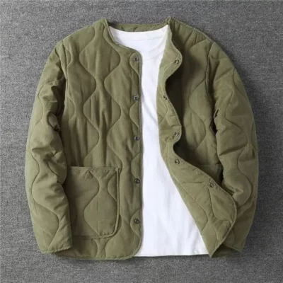 2023 Thu Đông Cổ Tròn Chần Gòn Áo Khoác Nam Đa Năng Xanh Quân Đội Retro Dày Áo Khoác Nam Techwear Nút Lên Oversize Áo Khoác