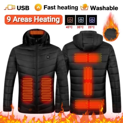 9 khu vực Áo khoác giữ nhiệt Chống nước Áo khoác có mũ trùm đầu Nhiệt Áo khoác sưởi ấm bằng điện Áo khoác mùa đông ngoài trời sưởi ấm cơ thể USB làm nóng áo vest dành cho nam giới