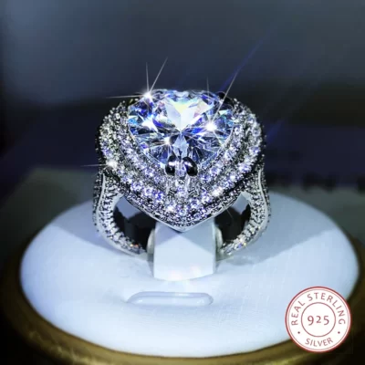 Bạc 925 Lãng Mạn Nữ Hình Trái Tim Pha Lê Áo Đính Đá Zircon Màu Trắng Lớn Nhẫn Cưới Cho Nữ Lễ Tình Nhân S