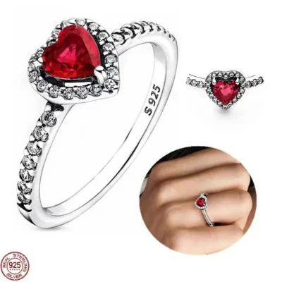 Chất Liệu Bạc 925 Trái Tim Đỏ Nhẫn Pha Lê Xanh Dương Cho Ban Đầu Pandora Charm DIY Nữ Thời Trang Nhẫn Đứng Kim Cương Món Quà Trang Sức
