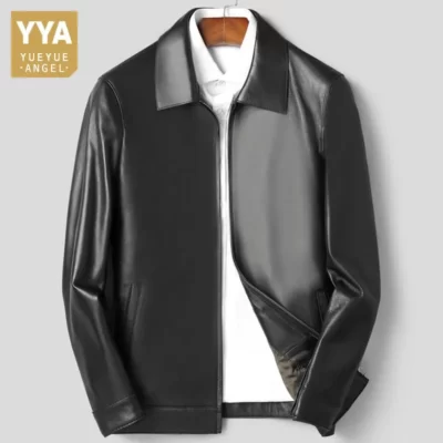 Mùa Thu Vintage Nam Da Cừu Chính Hãng Áo Khoác Da Dây Kéo Có Cổ Doanh Nhân Slim Fit Phối Moto Biker Áo Da