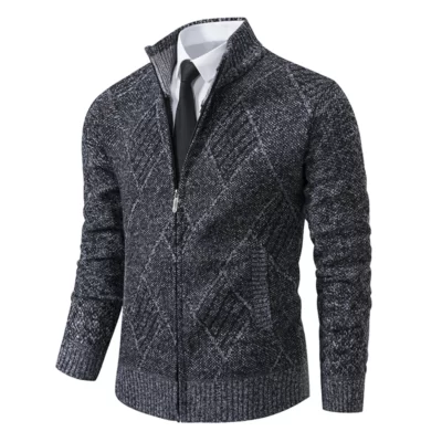 Thu Đông Nam Thông Minh Cổ Áo Đứng Sweatercoat Thời Trang Hình Học Đan Áo Khoác Ngoài Nam Slim Phối Áo Dây Kéo