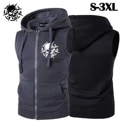 Mùa Thu/Mùa Đông Nam Nữ Áo Tank Top Đầu Lâu In Hình Thời Trang Không Tay Áo Khoác nam Có Mũ Áo Khoác