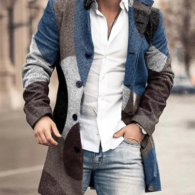 Mùa Thu Đông Retro In Áo Khoác Len Nam Điện Đơn Ve Áo Áo Khoác Dài Tay Nam Thời Trang Bỏ Túi Giữa Dài áo Khoác