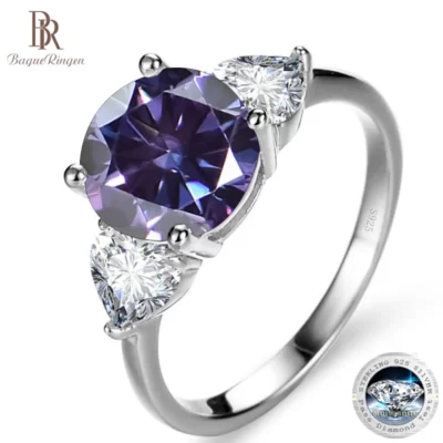 BagueRingen 9mm 3 CT Tím Moissanite Trang Sức Kim Cương Dành Cho Nữ Sang Trọng Đính Hôn Nhẫn Cưới Mạ Bạc 925 Vàng Trắng 18K