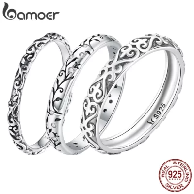 Bamoer Mạ Vintage Nữ Bạc 925 Dập Nổi Họa Tiết Vintage Nhẫn Nữ Đơn Giản Nhẫn Bạc Mỹ Trang Sức Cao Cấp Thương Hiệu Quà Tặng
