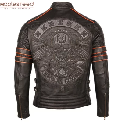 Đen Thêu Đầu Lâu Xe Máy Áo Da Da Bò Tự Nhiên 100% Moto Áo Khoác Biker Áo Khoác Da Mùa Đông Quần Áo Ấm M219