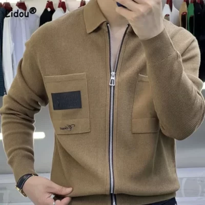 Văn Phòng Kinh Doanh Nam Cổ Bẻ Dệt Kim Áo Thu Đông 2023 Xu Hướng Mùa Đông Túi Thời Trang Dây Kéo Cardigan Nam Quần Áo