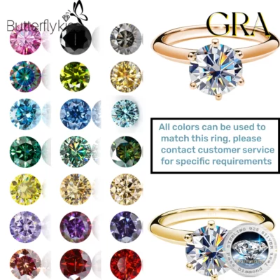 Butterflykiss Thật 100% Moissanite Nhẫn Đứng Kim Cương Cho Nữ Cưới Bạc 925 Tròn Cổ Điển Kích Thước Quà Tặng 0.5CT 1CT 2CT 3CT Với GRA