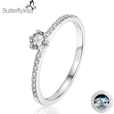 Butterflykiss 4.5mm S925 Bạc Tròn Thật Moissanite Cho Nữ, Nhẫn Nữ Cô Gái Cassic Cưới Tuyên Bố Mỹ Món Quà Trang Sức