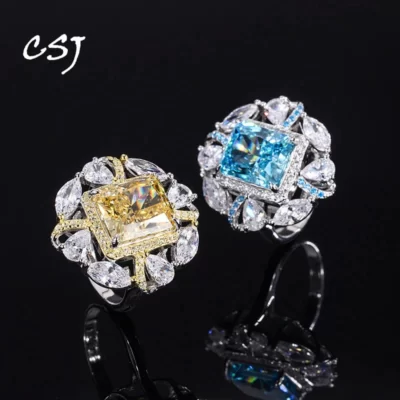 CSJ Nhẫn Citrine Sterling Bạc 925 Tạo Ra Đá Quý Topaz Carbon Cao Cấp Kim Cương Rediant Cắt Dành Cho Nữ Tiệc Cưới Hộp Quà Tặng