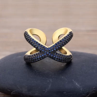 Charm Đơn Giản Hình Chữ X Chữ Thập Đồng Nhẫn Đính Đá Zircon Cao Cấp Đá CZ 5 Màu Chất Lượng Cao Tiệc Cưới Ngón Tay Có Thể Điều Chỉnh Mở nhẫn