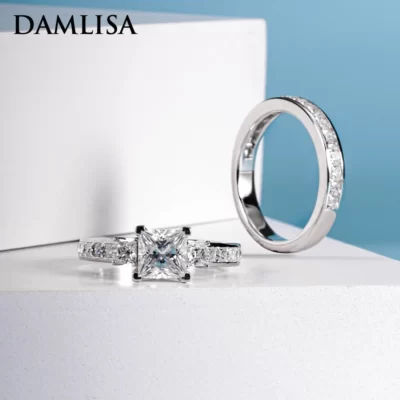 DAMLISA 1.2ct Đá Chính D Màu Hoàng Tử Cắt Moissanite Đính Kim Cương Vĩnh Cửu Ban Nhạc Nhẫn Bạc 925 Bộ Dành Cho Nữ