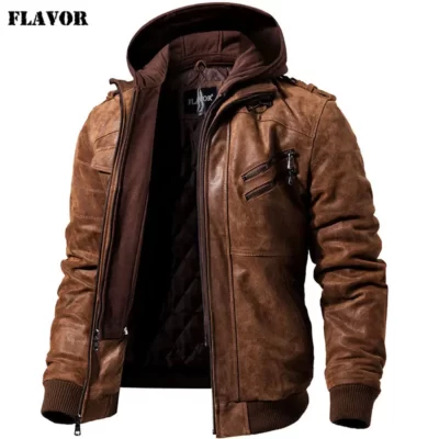 HƯƠNG VỊ Nam Da Thật Áo Khoác Nam Xe Máy Có Thể Tháo Rời Hood Áo khoác mùa đông Nam Ấm Áp Chính Hãng Áo Da