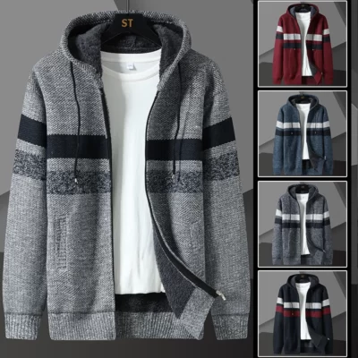 Thời Trang Mùa Đông Thường Ngày Dây Kéo Cardigan Nam Có Mũ Dệt Kim Áo Len Sọc Phong Cách Hàn Quốc Ấm Áp Hip Hop Cardigan Nam Áo Khoác
