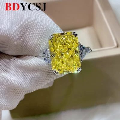 Toàn Thân Bạc 925 Moissanite Đá Cắt Giả Kim Cương Màu Vàng Nhẫn Nữ Cưới Sang Trọng Phụ Kiện Đá Chính 10*14MM