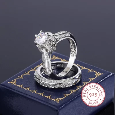 Pha Lê Chất Lượng Cao Đính Đá Zircon Nhẫn Cưới Bộ Thời Trang Đá Lớn Nhẫn Hứa hẹn Cô Dâu Đính Hôn S925 Nhẫn Bạc dành cho Nữ