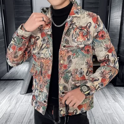Nam Cao Cấp Áo Khoác Blazer Thời Trang In Hình Hổ Slim Áo Khoác Ve Áo Ngực Đơn Kinh Doanh Xã Hội Áo Khoác Dạo Phố