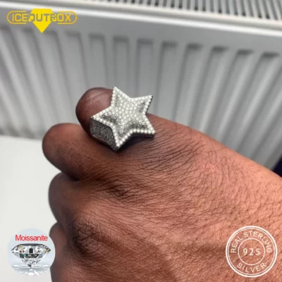 Hip Hop 3D Năm Sao Moissanite Nhẫn Cao Cấp Nhẫn Bạc 925 Nữ D VVS Tròn Moissanite Kim Cương Bán Buôn bộ Trang Sức