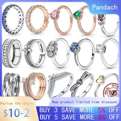 Bán Nhẫn Bạc Nữ 100% Bạc 925 Vương Miện Công Chúa Trái Tim Lấp Lánh CZ Nhẫn Mỹ Cưới Trang Sức